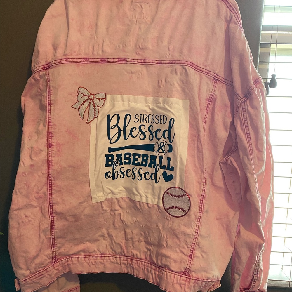 Jacket hand designed women’s pink denim baseball jacket size 3XL